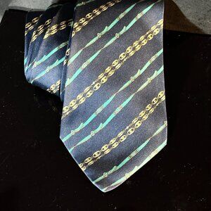 Gucci Logo Silk Tie Kelly Green Blue Striped Gold Link Chain Monogram Academia